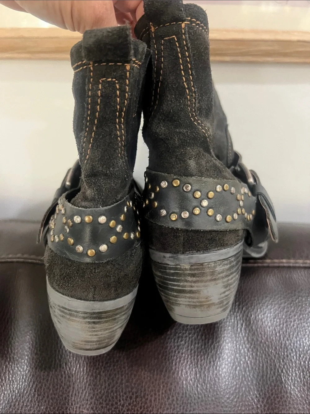 Joseph Seibel Black Suede Studded Ankle Boots with mixed metal hardware 9